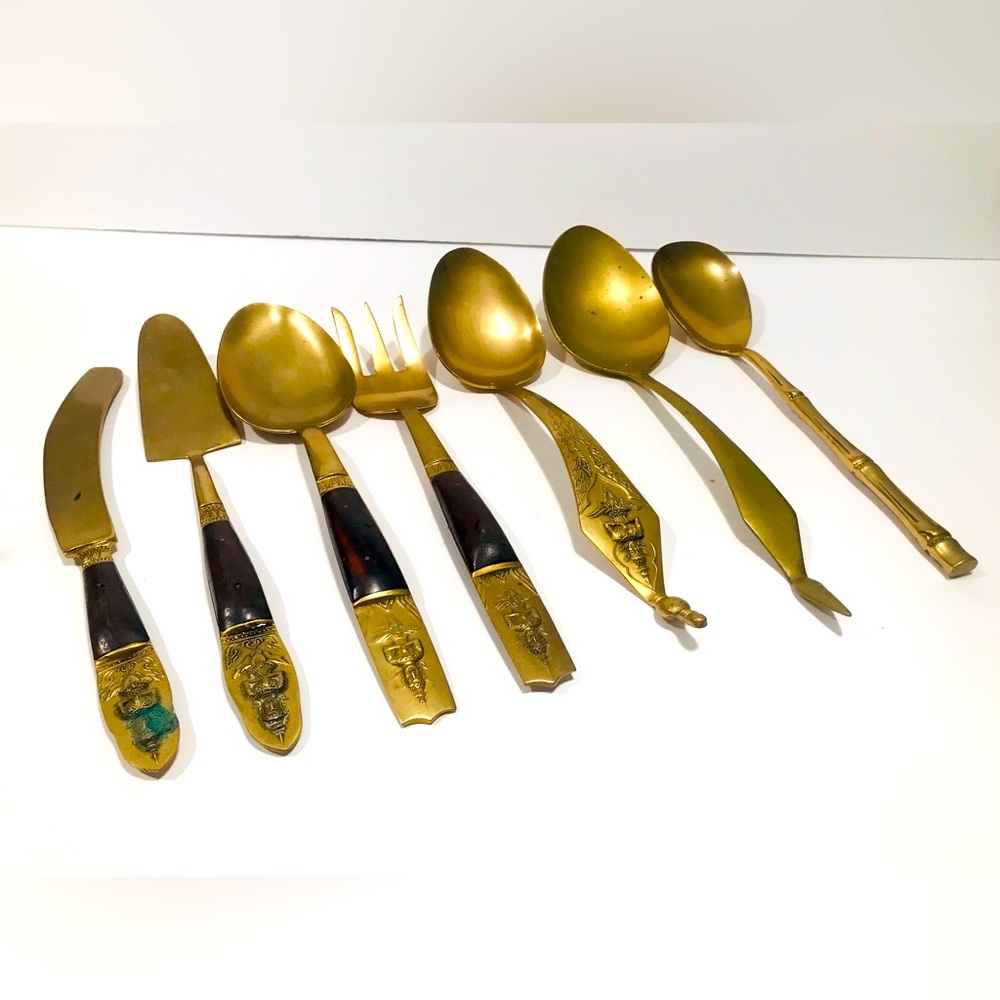 Antique Bronze Siam Thai Teak Wood Handles 1950’s Set of 7 Kitchen Flatware